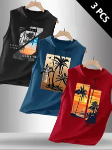Men's 3-Piece Tropical Graphic Coconut Tree Print Hooded Sleeveless T-Shirt Set, Casual Comfortable Hoodie Vest for Summer Outdoor Fitness Tops