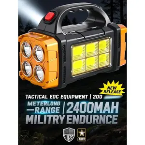 Tactical EDC Equipment 200 Meter Range 2400mAh Military Endurance Solar Handheld Lights 2000mAh Multifunctional Household Emergency LED Flashlight USB Dual Light Camping Searchlight