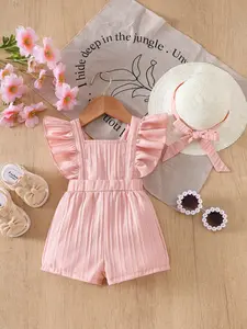 Baby Girl Summer Ruffle Romper Shorts + Hat Set, Outfits, Sleeveless Cute Beach Vacation, Adorable Photo Shoot Clothing