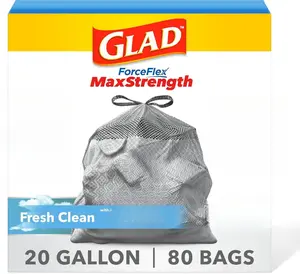 Glad ForceFlex MaxStrength 20 Gal Kitchen Trash Bags 80 Ct Fresh Clean Febreze 2X Reinforced Top 25% More Durable OdorShield Technology