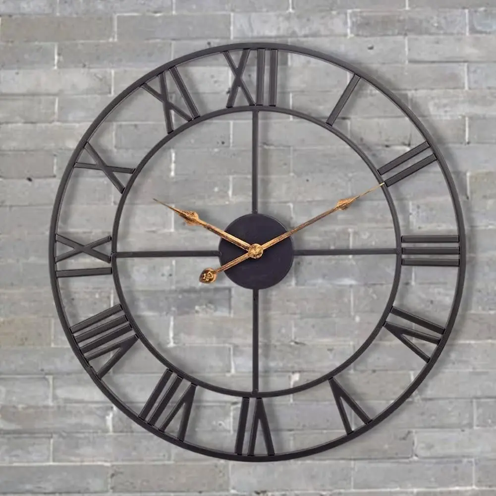 Large Industrial Wall Clock with Roman Numerals, Indoor Silent Non-Ticking Retro Clock,  Metal Decorative Black Metal Art Clock  Operated for  Kitchen Cafe Hotel Office Decor