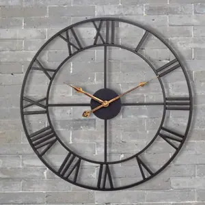 Large Industrial Wall Clock with Roman Numerals, Indoor Silent Non-Ticking Retro Clock,  Metal Decorative Black Metal Art Clock  Operated for  Kitchen Cafe Hotel Office Decor