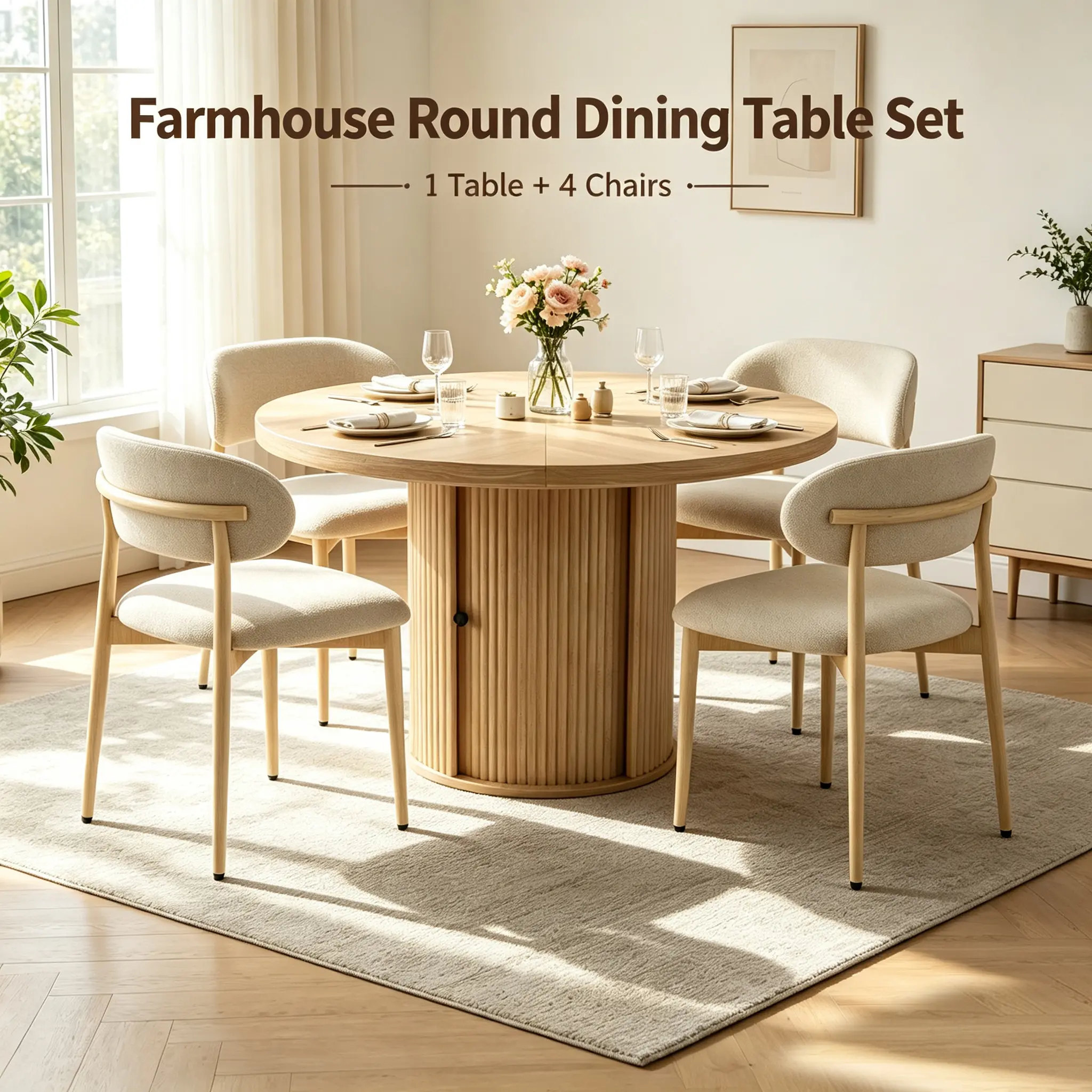Rustic 5-Piece Indoor Dining Set, 47.2" Round Walnut Wooden Table, 4 Cream Upholstered Chairs, Double Storage Roman Base, Easy to Clean Farmhouse Kitchen Furniture