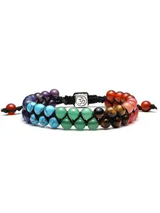 Natural Stone Double Row Rainbow Bracelet Woven with Adjustable Double Layered Men's and Women's Bracelets, Chakra Energy Yoga Bracelet