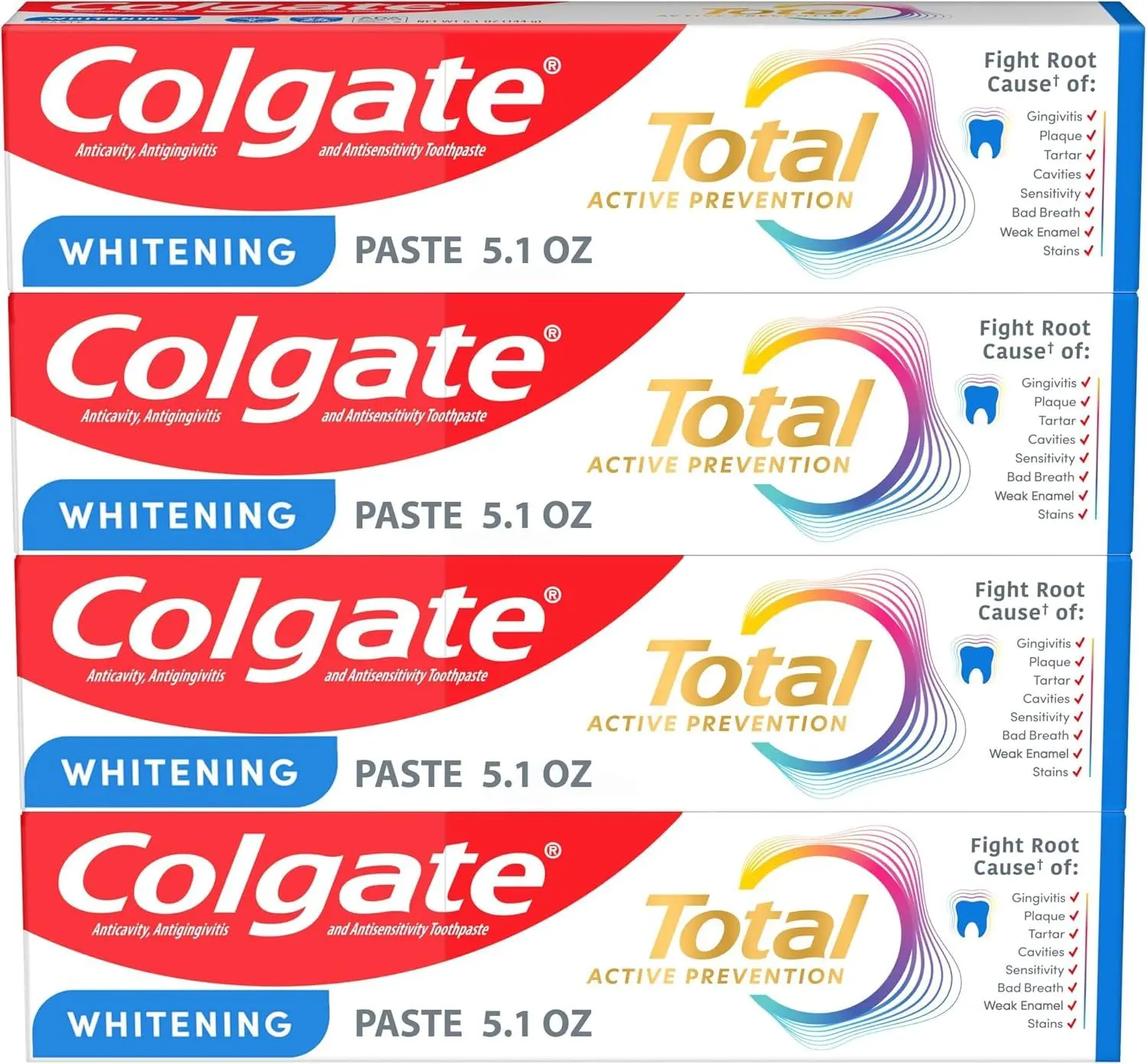 Colgate Total Whitening Toothpaste with Fluoride, Bulk 4 Pack, 5.1 oz