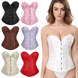 Women Sexy Floral Boned Corset Overbust Body Shaper Waist Trainer Bustier Lace Up Overbust Burlesque Basque Tops