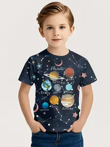 Deep Space Planet Observation Print Short Sleeve T-Shirt, Graphic Print Shirt, Comfortable Casual Versatile Outerwear, Daily Wear 100% Polyester Kids Summer Clothing