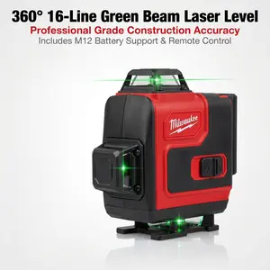 Milwaukee M12 12V 16-Line Cross-Line Horizontal Vertical Laser Level with High-Precision Plus Minus 0.3mm per 10m Professional Grade Measurement Tool for Heavy Duty Construction Site Layout and Framing