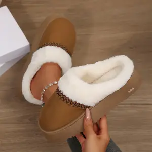 Women's Warm Fluffy Platform Slippers Thick Sole House Shoes with Trendy Pattern Trim Indoor Outdoor Shoes