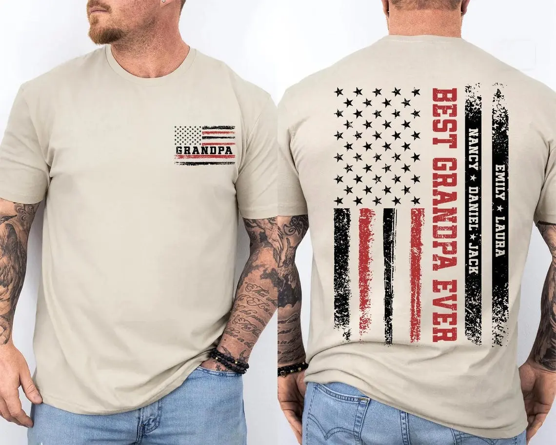 Best Grandpa Ever Personalized Grandpa American Flag Shirt, Custom Papa Shirt with Kids Name, Father's Day Gift for Papa, 4th of July Grandpa Shirt