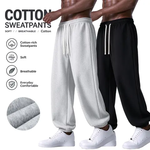 Men’s cotton sweatpants, elastic drawstring high-waist joggers, soft breathable loose-fit tapered pants for workouts and everyday casual streetwear