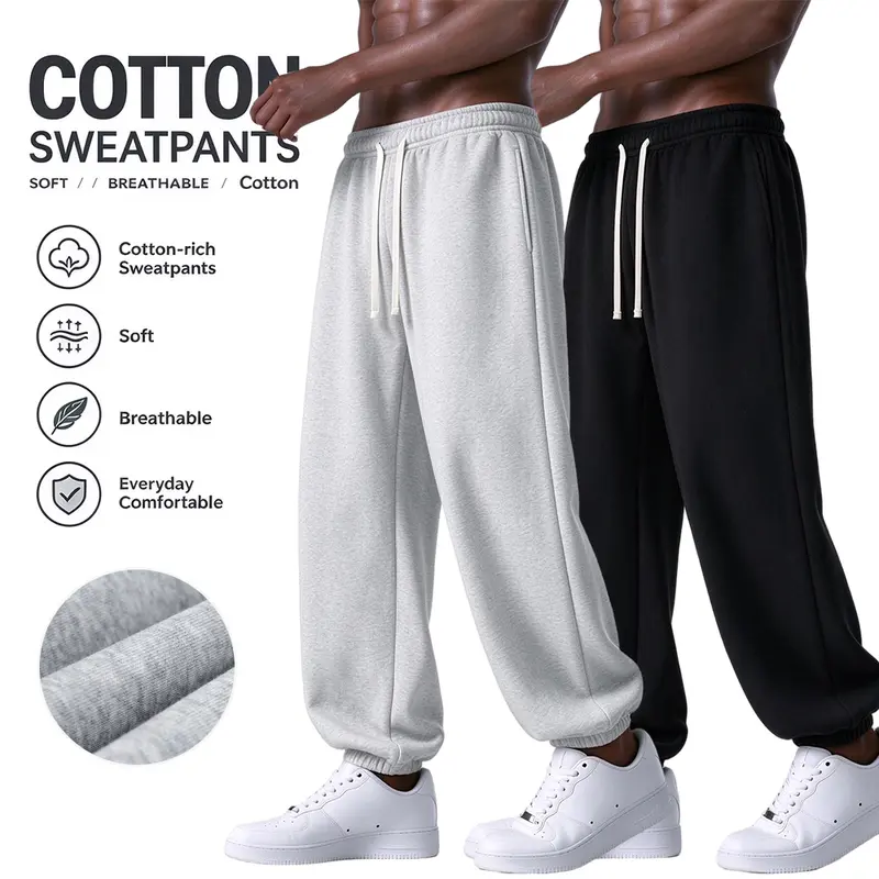 Men’s cotton sweatpants, elastic drawstring high-waist joggers, soft breathable loose-fit tapered pants for workouts and everyday casual streetwear