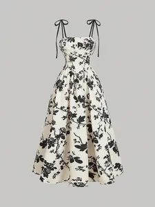 Women's Floral Print Tie Shoulder Dress, Fashion Casual Sleeveless Spaghetti Strap Dress for Daily Wear, Women Dress for Summer, Womenswear, Sundresses, Flared Dress, Formal Dress, Floral Pattern Dress