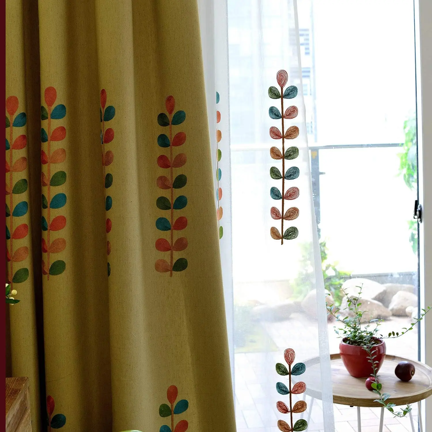 Linen Curtains 84 Inch Length, Colorful Leaves Embroidered Window Drapes for Living Room/Dining Room, Top Grommet, W52 X L84, 2 Panels