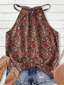 Women's Ditsy Floral Casual Elegant Commuter Halter Neck Drawstring Tie Shirt T-Shirt, Comfortable and Stylish Daily Wear Top
