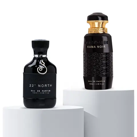 Embarouge Midnight Mystery Duo | 2-Pack Perfume Set | 2x100ml (6.8 Fl. Oz Total) | 22° North & Kama Noir | Woody, Amber & Vanilla Gourmand Fragrance | Long Lasting Eau De Parfum