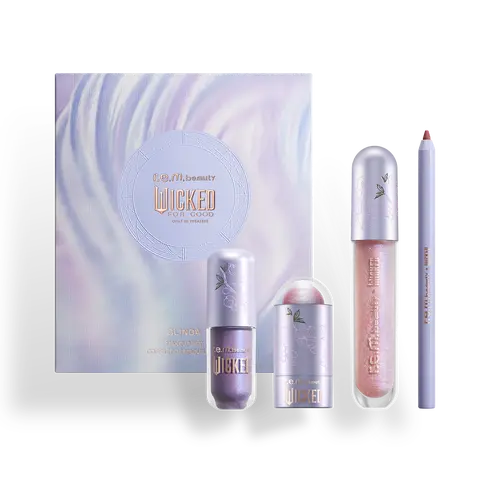 r.e.m. beauty x Wicked: For Good Glinda Makeup Set - liquid eyeshadow, glow stick, lip liner, glossy balm, soft lavender and pink shades, opalescent lip color
