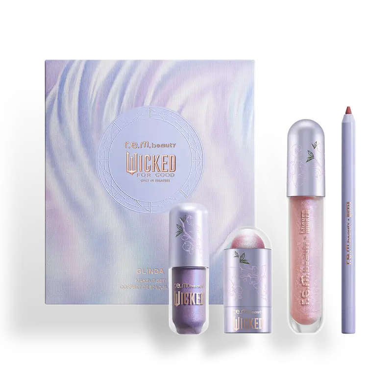 r.e.m. beauty x Wicked: For Good Glinda Makeup Set - liquid eyeshadow, glow stick, lip liner, glossy balm, soft lavender and pink shades, opalescent lip color