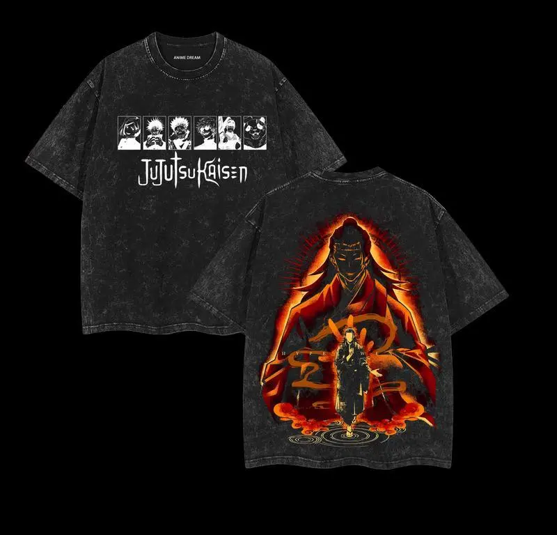 Unisex Vintage Washed Heavyweight Cotton Short-Sleeve Round Neck Oversized JJK Geto Anime Double-Printed T-Shirt - Casual Funny Valentine's Clothes for Sports & Outdoor Activities