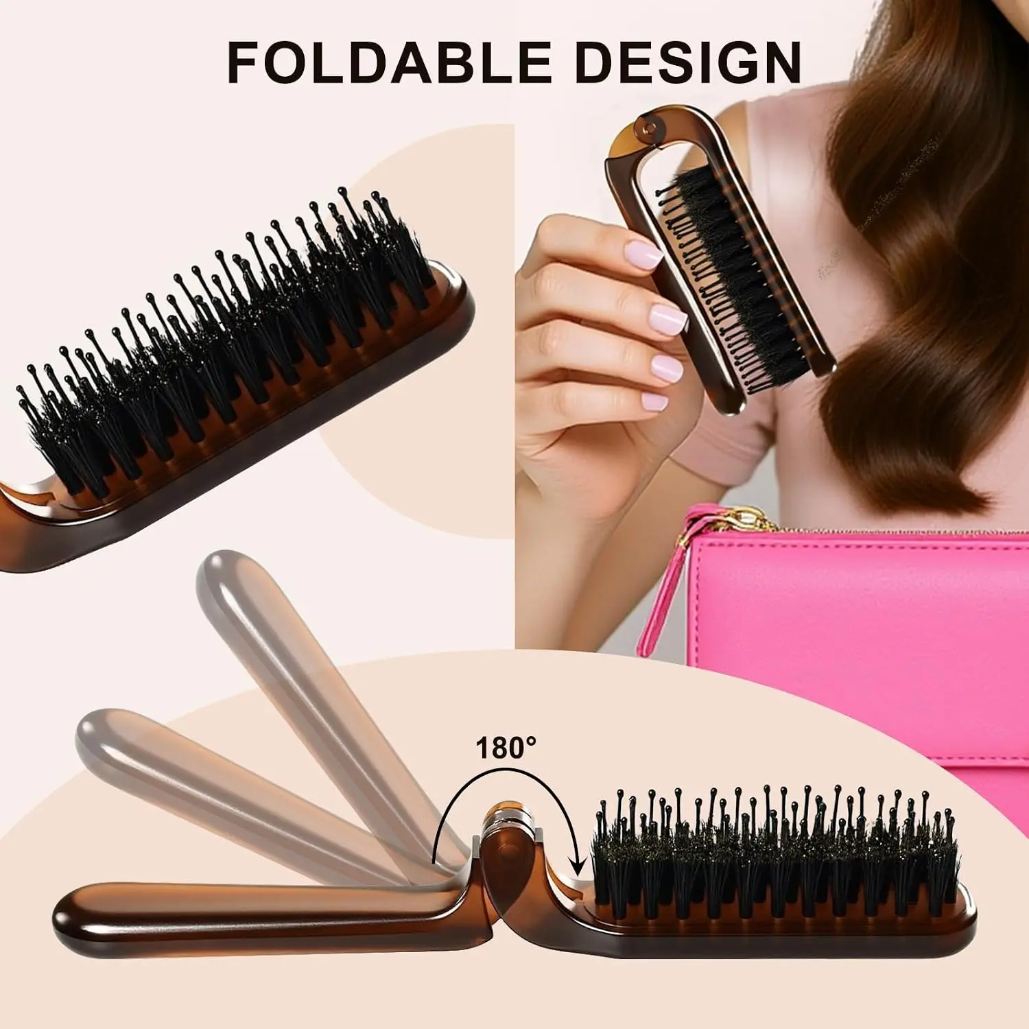 Foldable Boar Bristle Hair Brush, Portable Travel Hair Comb with Nylon Round‑Tip Pins, 180° Folding Compact Detangling Styling Brush for All Hair Types, Pocket Size for Travel & Daily Use