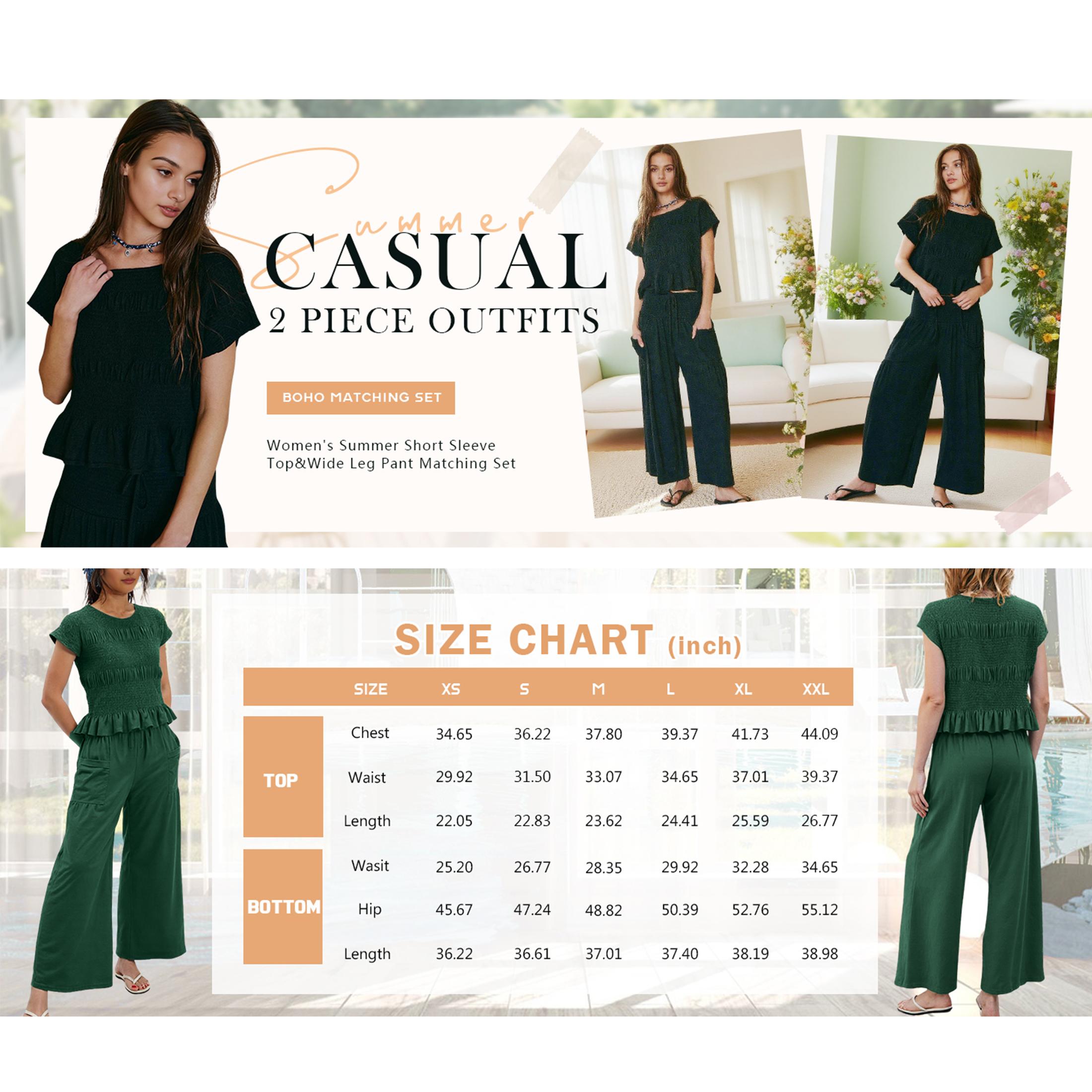 Mundoven Women's 2-piece smocked Top & Wide-leg pants Set-High waisted Lounge Outfit with Pockets Casual Boho Matching Set