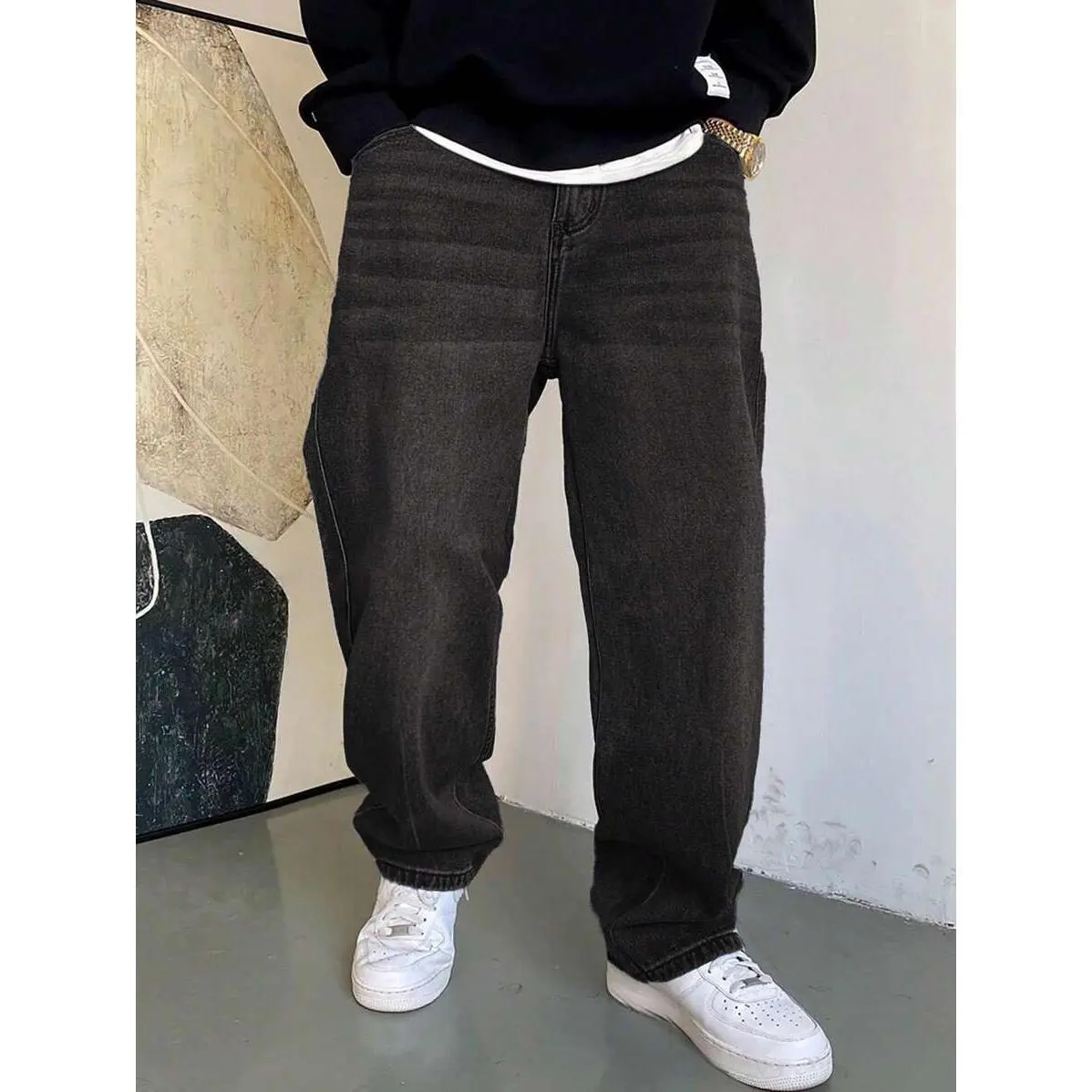 1pc Men's Casual Washed Loose Straight Leg Wide-Leg Jeans, Japanese Style Versatile Fabric Menswear