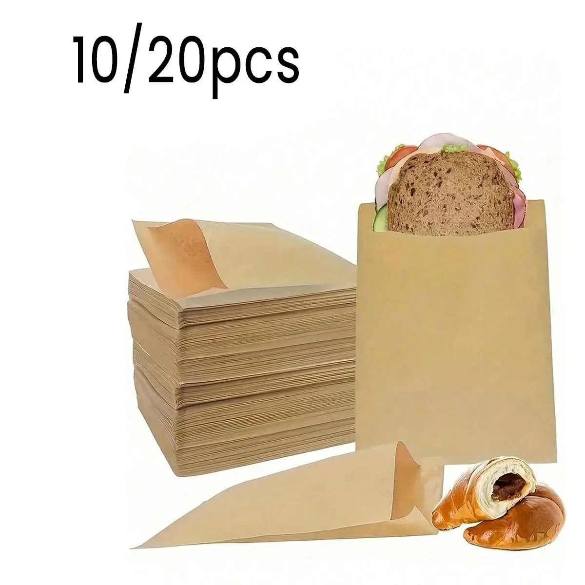 10/20 Pack Kraft Paper Oil-Resistant Bags, Kraft Candy Bags, Sandwich Bags, Food Packaging Wrapping, Self-Seal, Ideal for Restaurants, Picnics, Office Use