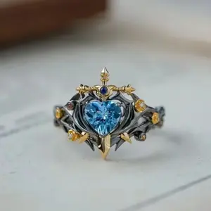 Blue Heart Crystal Thorn Ring for Women Adjustable Open Band Gothic Fairycore Vintage Statement Ring Heart Shaped Zircon Jewelry Gift for Her
