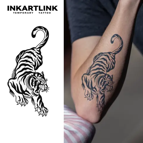 INKARTLINK Semi Permanent Tattoo Stickers - 2 Medium Tech Tiger Designs, 1-2 Weeks Long Lasting, Waterproof, Realistic Look, No Adhesive, No Reflection, for Adults, All Skin Types, Patterned Body Art Overlay