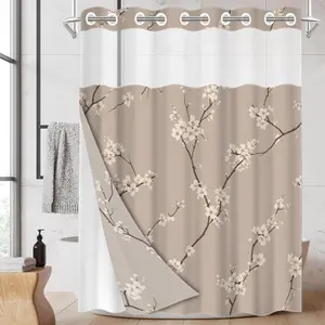 1pc hookless Removable shower curtain with buckle lining, spring pink and white plum blossom design, 2D flat printing, fabric waterproof lining, see-through double-layer shower curtain, 71 x 74 inches, modern home draping curtain