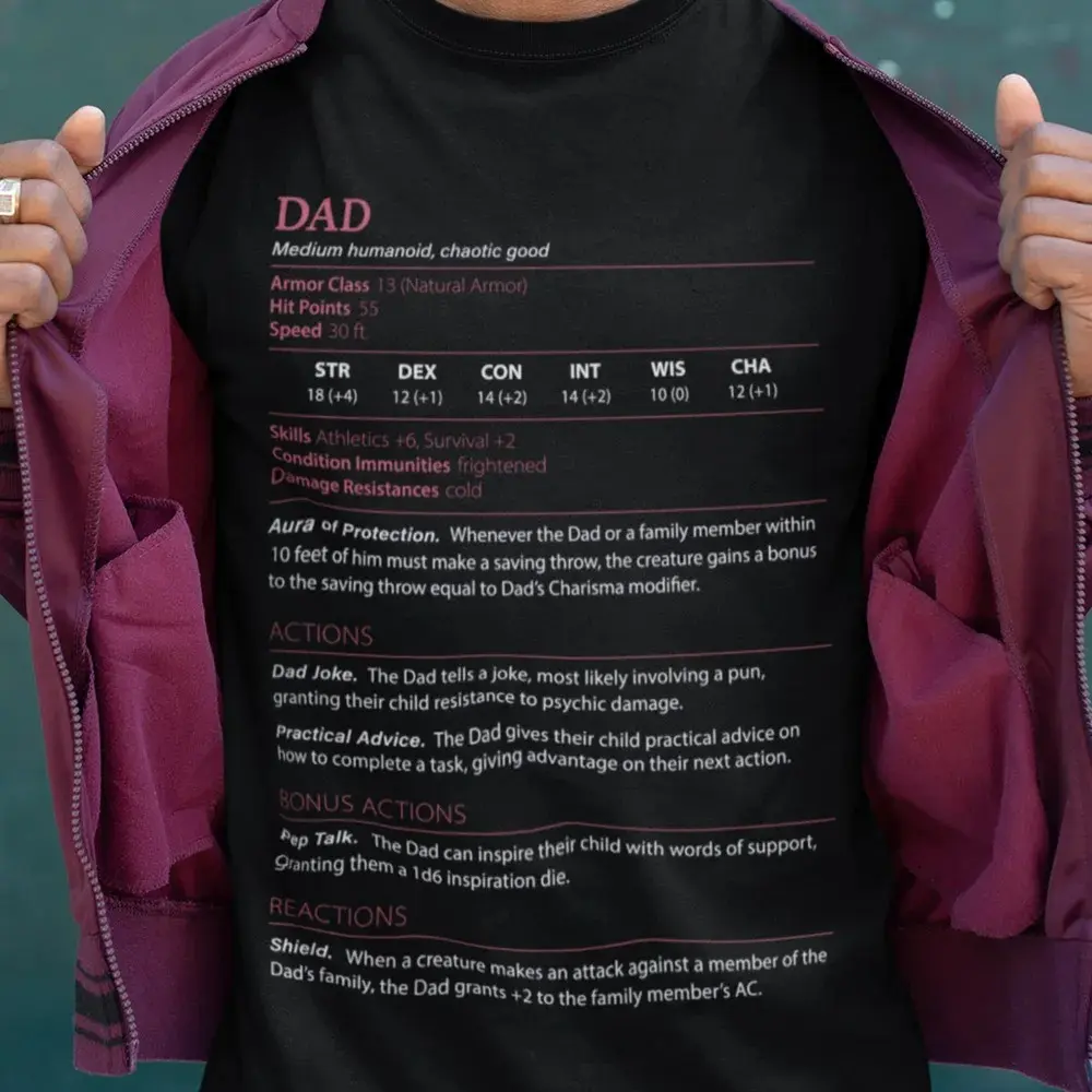 DnD Dad Shirt, Dunge0ns & Drag0ns Dad Gift, Father's Day Tshirt, Retro Gamer Style, Fatherhood Humor, Tabletop Inspired Design, Dad Stats Classic Unisex T-Shirt
