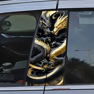 Chinese Trend Asian Myth Car Sticker - Black Gold Double Dragon Clash Graphic Car Side Window Personalized Modification Decal (Waterproof & Sunproof)