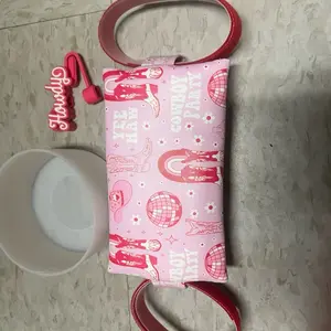 Hydration Accessory Set Including Pouch Bumper and Straw Topper with Cowboy Party Design and Red Strap