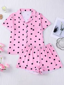 Women's 2-Piece Pink & Black Polka Dot Pajama Set, Sweet Girl Loungewear with White Piping, Short Sleeve Lapel Top with Small Pocket & Elastic Waist Shorts, Soft Comfy All-Season Casual Sleepwear for Ladies