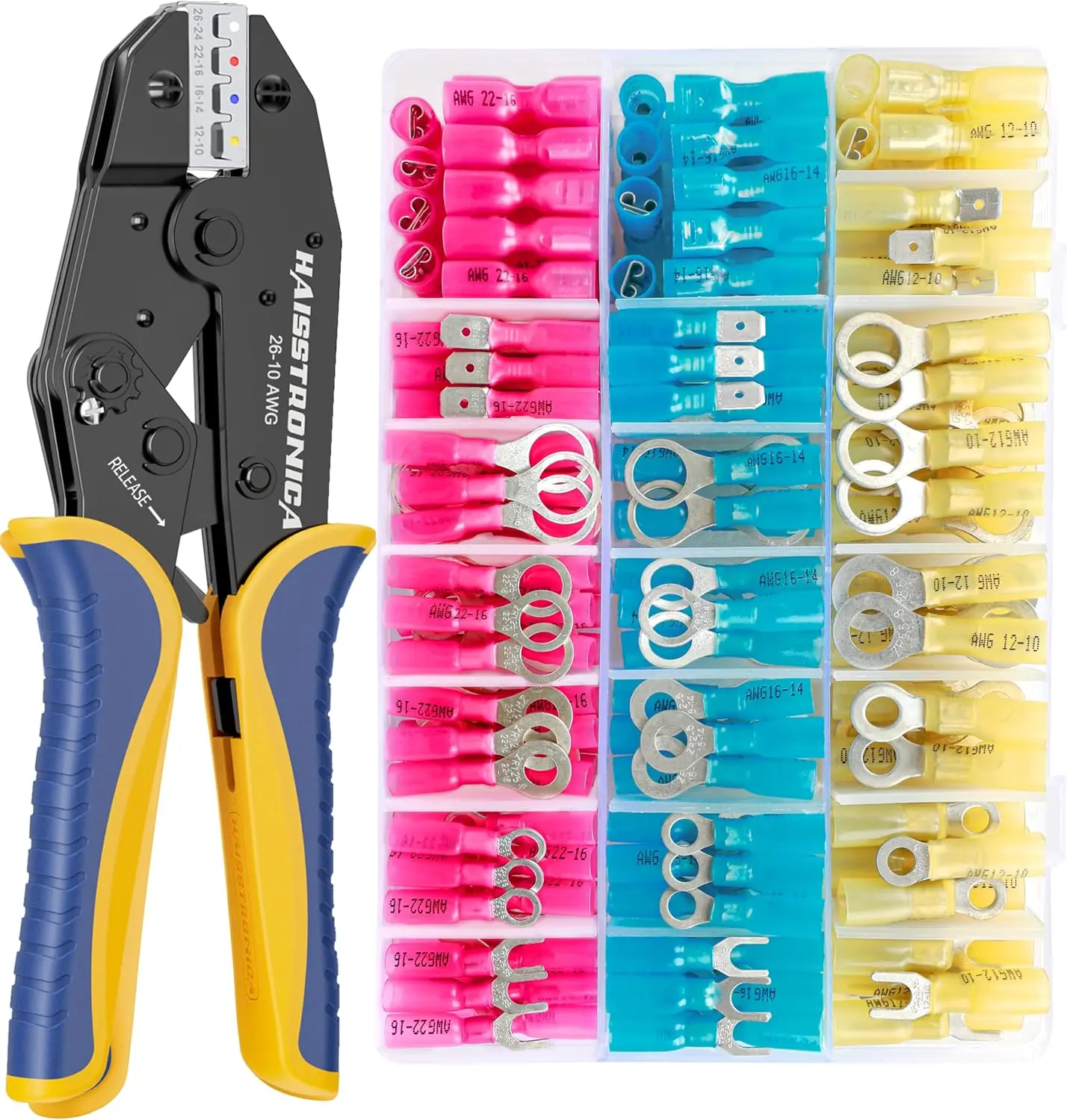 Haisstronica HS-8327 Ergonomic Heat Shrink Crimping Plier Kit, 1 Kit with Marine Grade Heat Shrink Connectors, Precise Ratchet Structure for Marine Wiring Projects, AWG 22-10 Tinned Copper