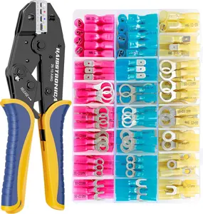 Haisstronica HS-8327 Ergonomic Heat Shrink Crimping Plier Kit, 1 Kit with Marine Grade Heat Shrink Connectors, Precise Ratchet Structure for Marine Wiring Projects, AWG 22-10 Tinned Copper