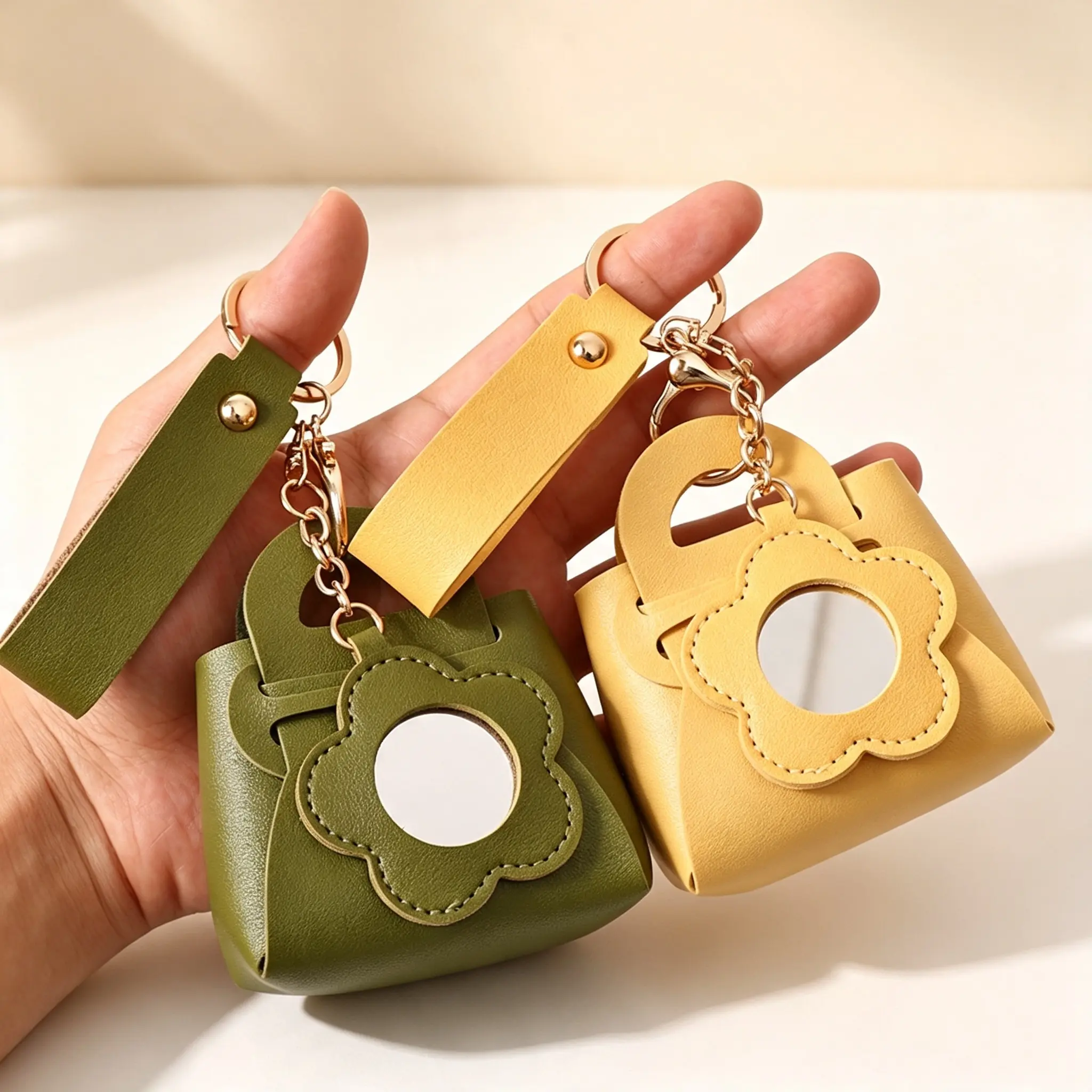 Mini PU Leather Keychain Coin Purse, Solid Color Tiny Storage Pouch With Flower Mirror, Creative Small Bag Charm For Earbuds Coins Women Accessories