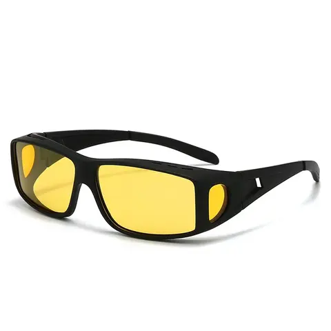 Men's Fit-Over Glasses Polarized Night Vision Driving Sunglasses - High Quality Eyewear, Full Rim, Anti-Glare, Hyper-Polarized Clarity, Rectangular HD Yellow Anti-Reflective Lenses, Better Peripheral Vision, for Dark Nights & Driving, Cycling