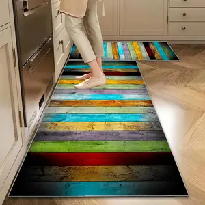 Colorful Wood Plank Pattern Kitchen Rug, 2 Counts/set Non-slip Kitchen Floor Mat, Washable Floor Mat for Home Kitchen Bathroom, Washable Runner Rugs