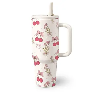 1 Pc 40 Oz Stainless Steel Water Cup with Handle and Straw, Pink Bow Cherry Floral Design, Double Wall Insulated Thermal Mug, Flasks, Hot 12H/ Cold 24H, Cute Drinkware, Perfect Mother’s Day, Birthday and Holiday Gift for Friends and Family.