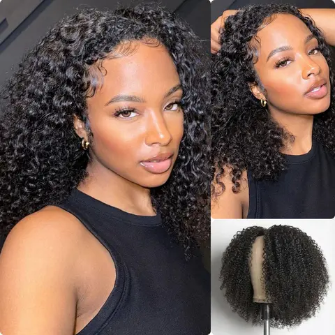 [Wequeen]  4C-Friendly Kinky Curly V Part Wigs 10A Grade Brazilian Thin Part Human Hair Wigs For Beginner Glueless Half Wig Natural Color Budget Friendly Curly Wig For Beginners