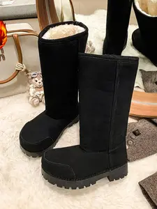 Women's Winter Round Toe Chunky Heel Mid-Calf Boots, Side Zipper Faux Fur Lined Thick Warm Booties, Fashionable Plus Size Shoes