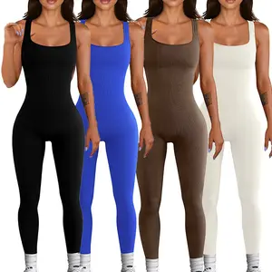 Jumpsuit for Women Yoga Romper Workout Ribbed Square Neck One Piece Seamless Tank Top Jumpsuit