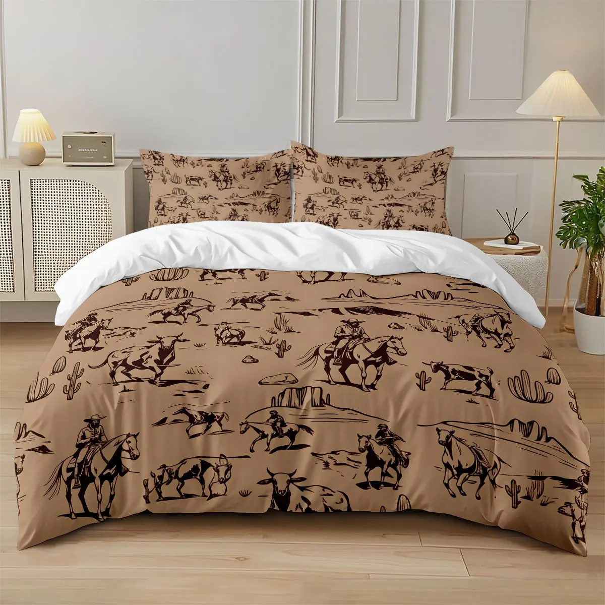 3-piece quilt cover set (1 quilt cover +2 pillowcases, coreless) Western cowboy style tan horse riding bullfighting cactus desert print soft and comfortable bedding Duvet Cover Sets, suitable for all rooms