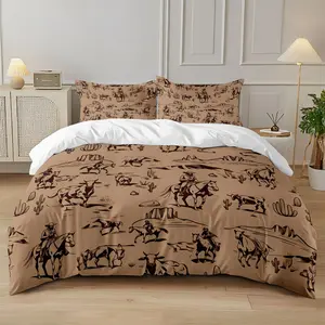 3-piece quilt cover set (1 quilt cover +2 pillowcases, coreless) Western cowboy style tan horse riding bullfighting cactus desert print soft and comfortable bedding, suitable for all rooms