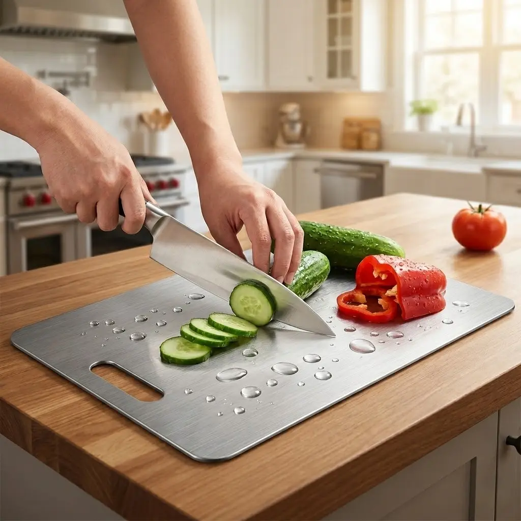 304 Stainless Steel Cutting Board - 1-Count Reversible Large Size Durable Double-Sided Non-Slip Odor-Proof Easy-to-Clean Lightweight Kitchen Supply for Meat, Vegetables, Kitchen Supplies