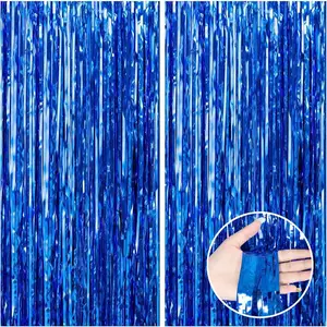 2 Pack 3.3x8.2 Feet Dark Blue Foil Fringe Backdrop Curtains Tinsel Streamers for Ocean Birthday Party Decorations Graduation Halloween Under The Sea Disco Party