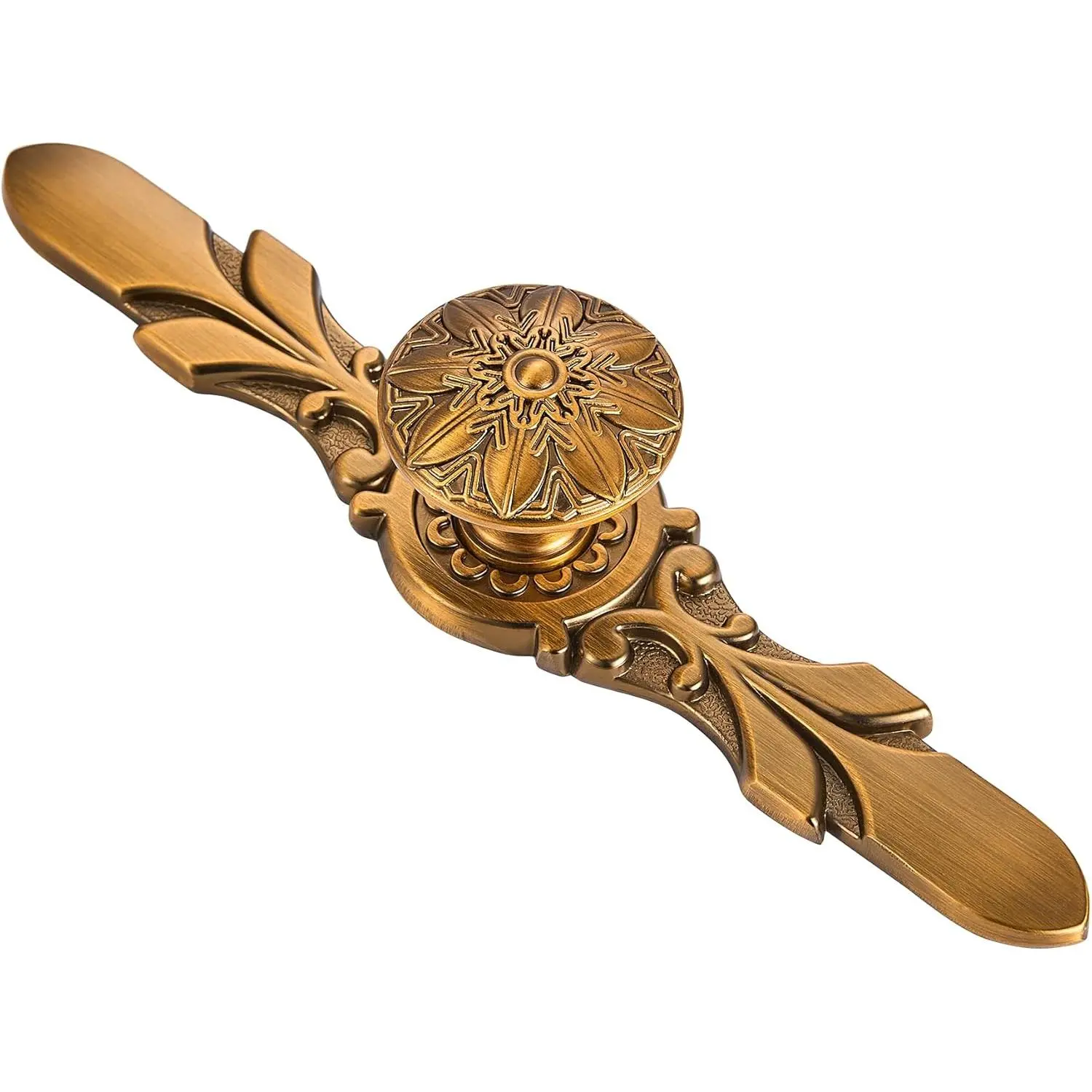 Round Antique Brass Knobs & Back Plates for Cabinets - 5 Pack (1-1/4" Knob and 5-4/5" Plate), Home Decorative Cabinets Hardwares with Flower L Nobs and Plates