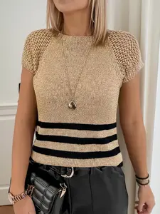 Women's Spring Summer Retro Hollow Out Short Sleeve Striped Knit Top, Casual Daily Commute Wear, Versatile Fashionable Pullover