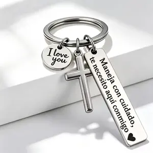 Maneja Con god  Cuidado Te Necesito Aquí Conmigo Keychain with Cross & "I Love You" Charm, Spanish Drive Safe Stainless Steel Keyring, Romantic Religious Gift for Him/Her Adjustable Heart Rate Couples Bracelet Set Rotating Retractable Reading Badge Holder